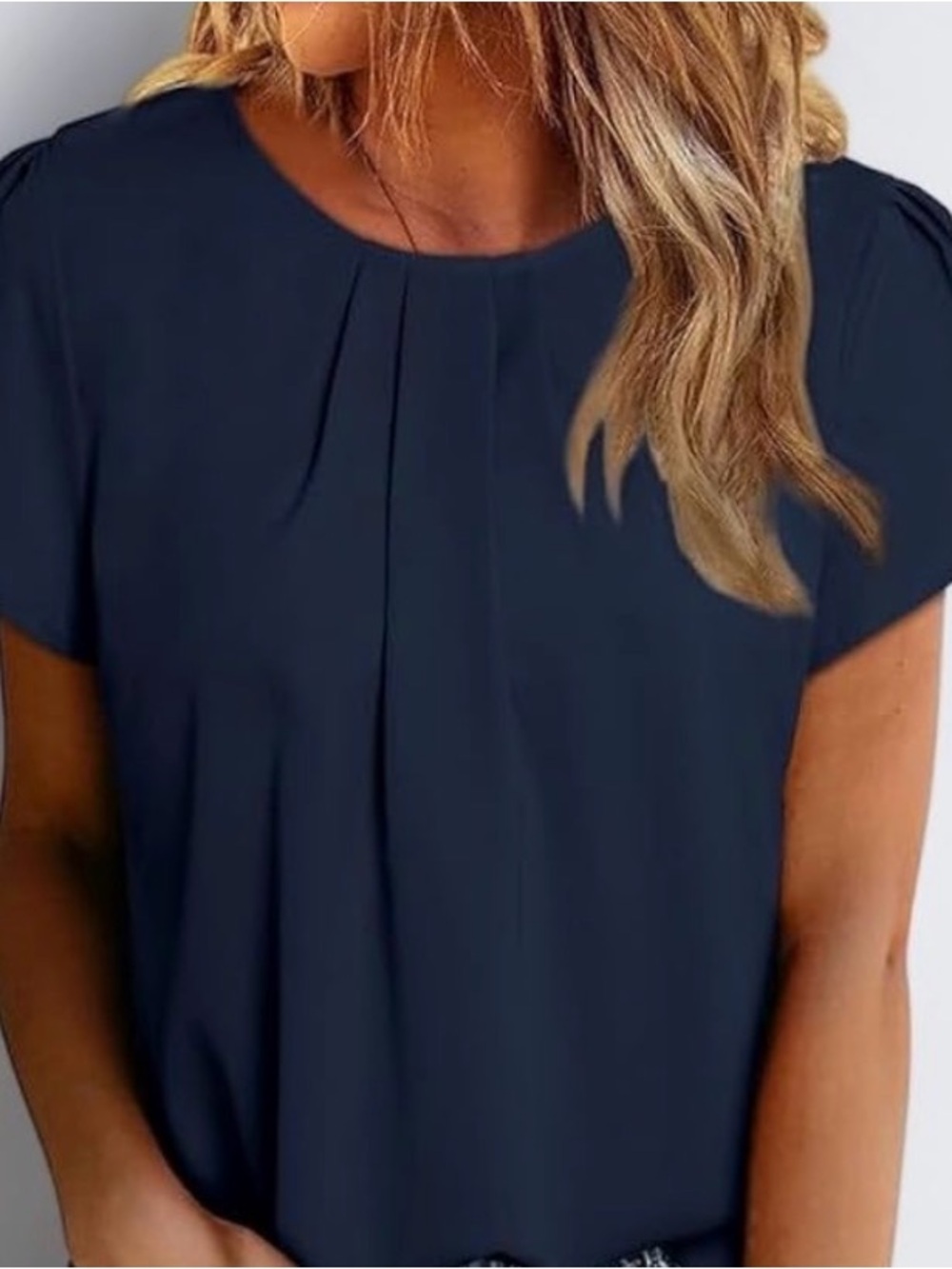 Simply Styled Navy Short-Sleeve Pleated Front Blouse. Size M